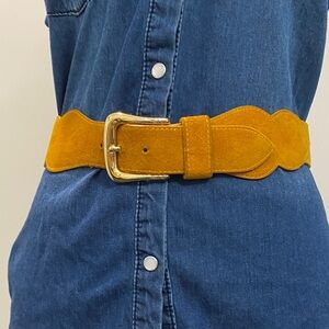 Emmanuel Mustard Suede Wide Belt Gold Buckle Size M Made in Spain